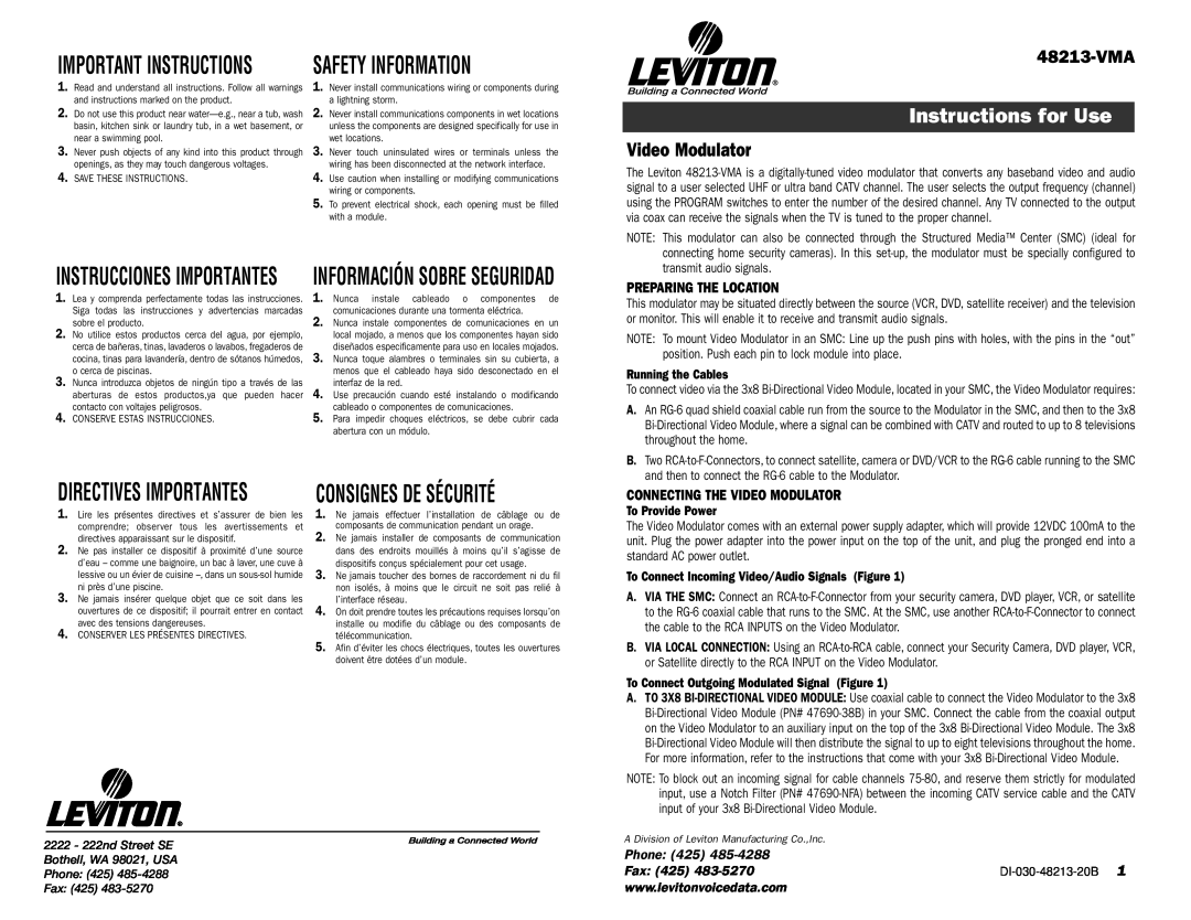 Leviton 48213-VMA manual Instructions for Use, Preparing The Location, Connecting The Video Modulator, Phone, Fax 