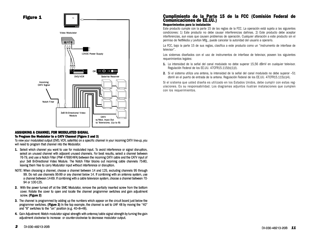Leviton 48213-VMA manual Assigning A Channel For Modulated Signal, DI-030-48213-20B, Requerimientos para la instalación 