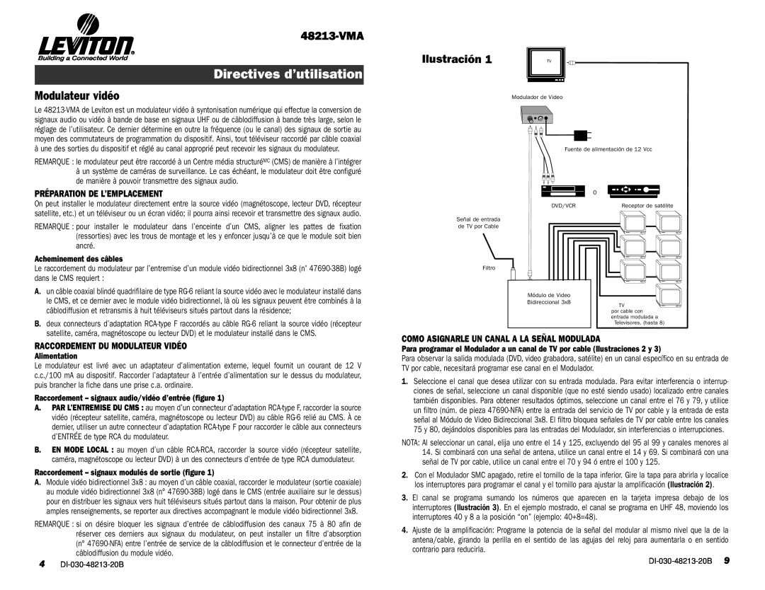 Leviton 48213-VMA Directives d’utilisation, Ilustración, Modulateur vidéo, Préparation De L’Emplacement, Alimentation 