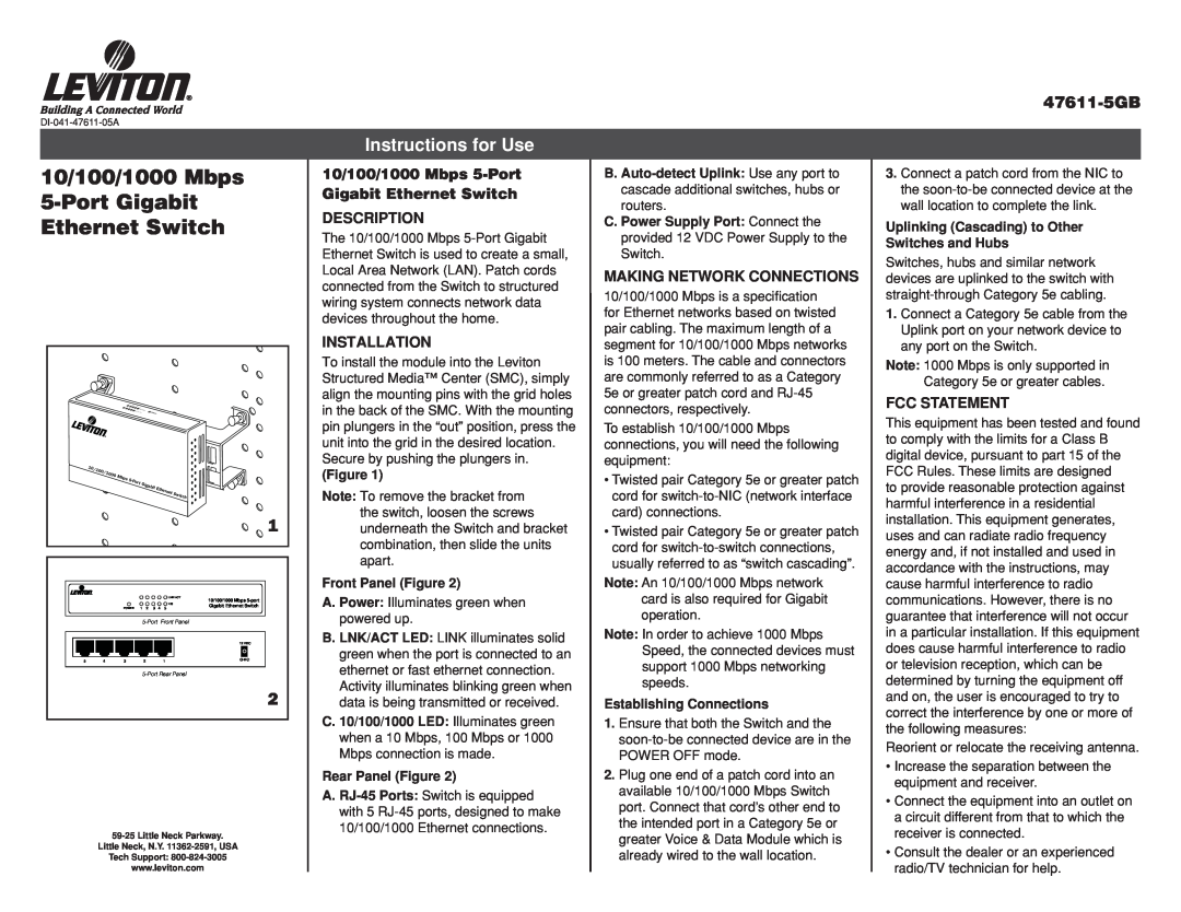 Leviton manual Instructions for Use, 10/100/1000 Mbps 5-Port Gigabit Ethernet Switch, 47611-5GB, Installation 