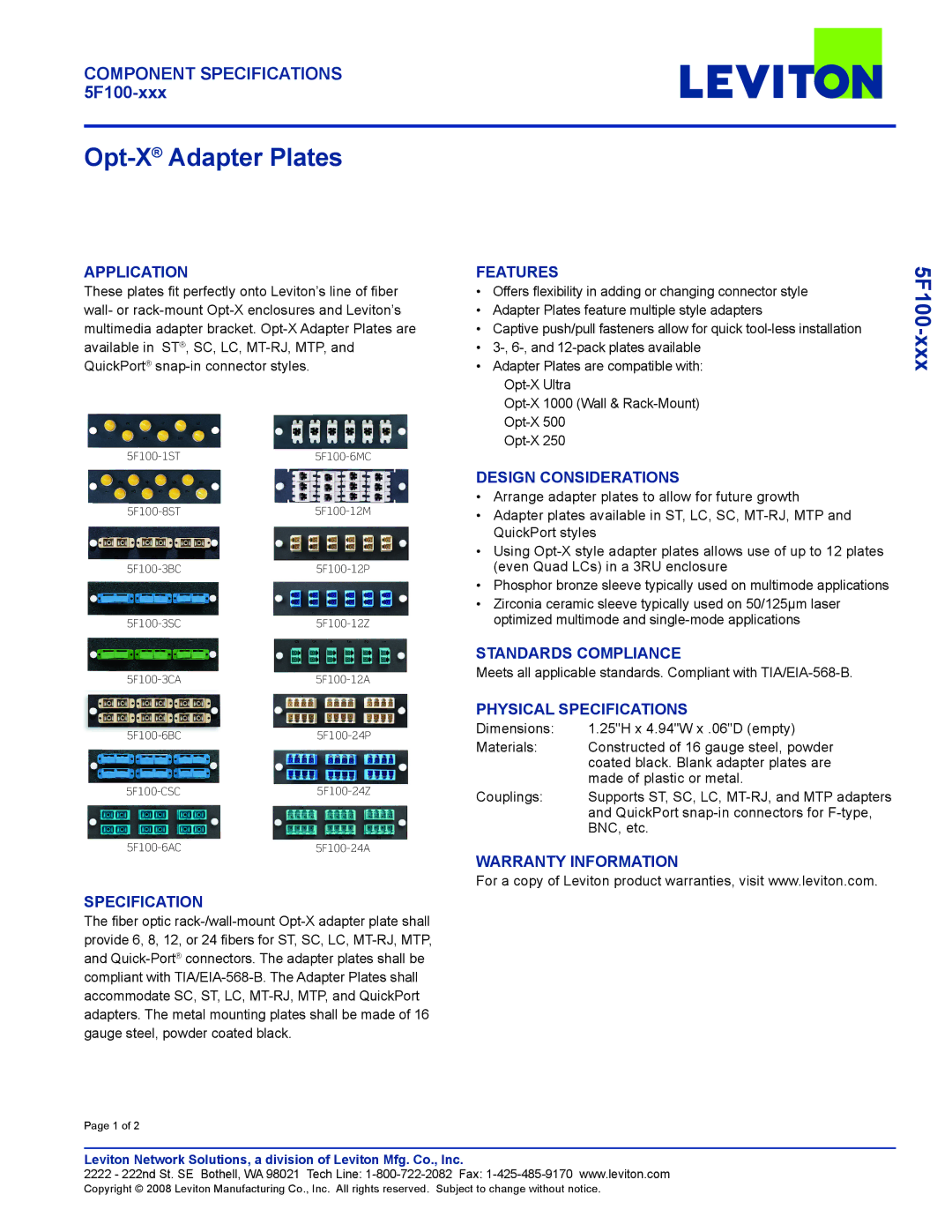 Leviton 5F100-xxx warranty Application, Features, Design Considerations, Standards Compliance, Specification 