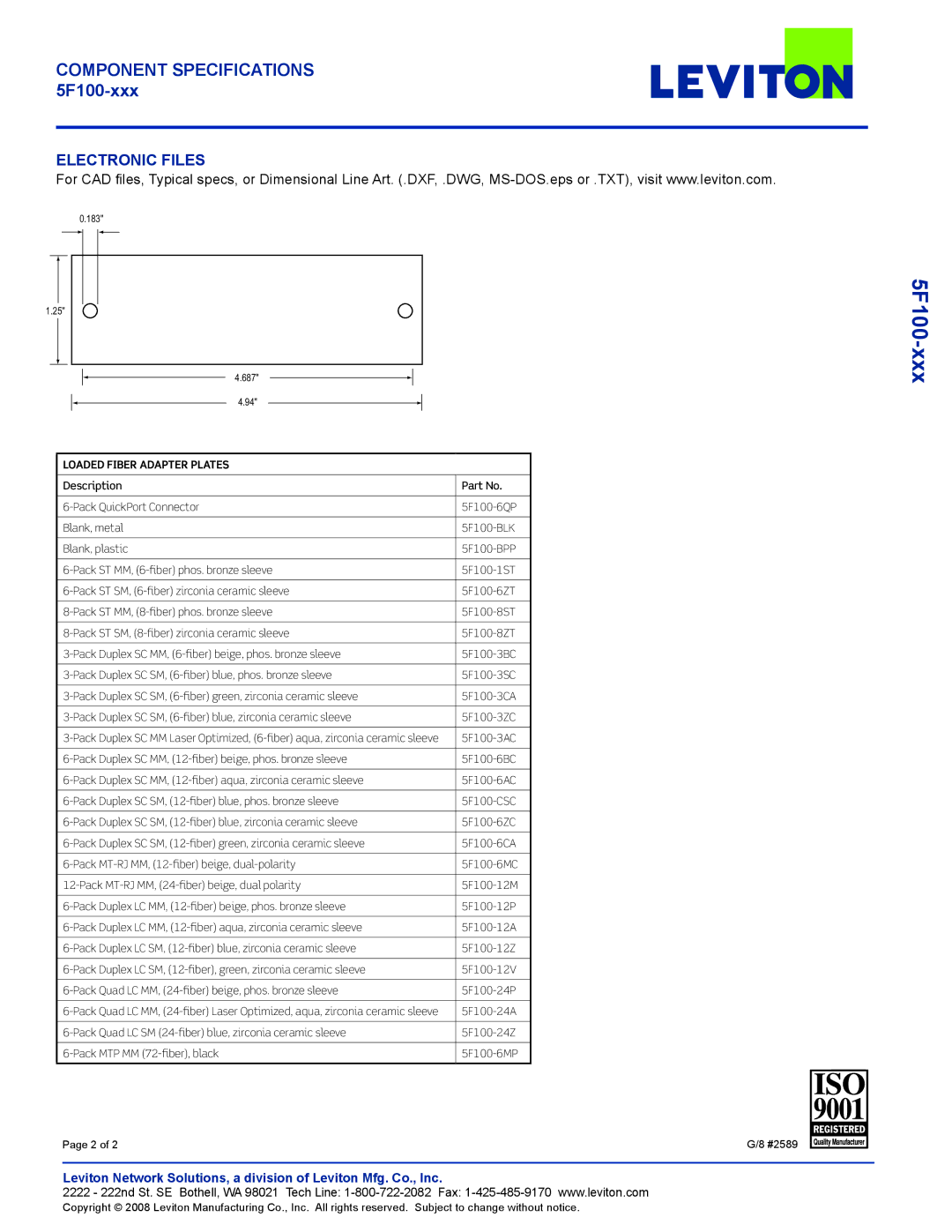 Leviton 5F100-xxx warranty Electronic Files, Loaded Fiber Adapter Plates 