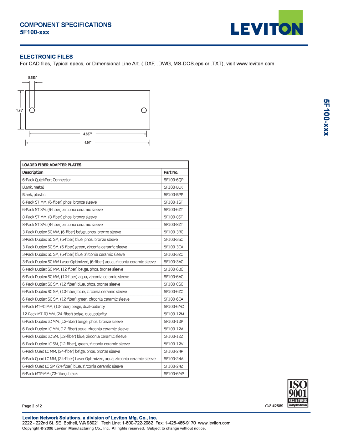 Leviton warranty Electronic Files, COMPONENT SPECIFICATIONS 5F100-xxx, Loaded Fiber Adapter Plates 