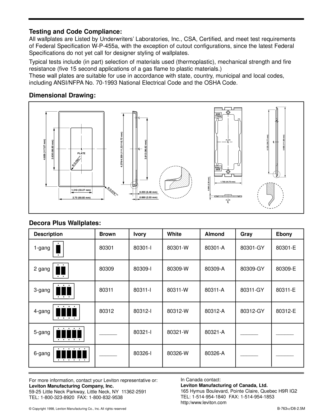 Leviton 80312, 80309, 80321, 80301, 80311, 80326 Testing and Code Compliance, Dimensional Drawing, Decora Plus Wallplates 