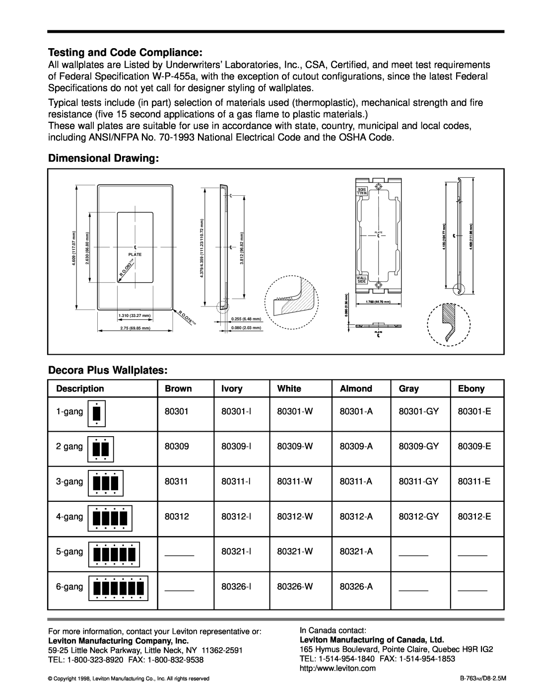 Leviton 80312 Testing and Code Compliance, Dimensional Drawing, Decora Plus Wallplates, Description, Brown, Ivory, White 