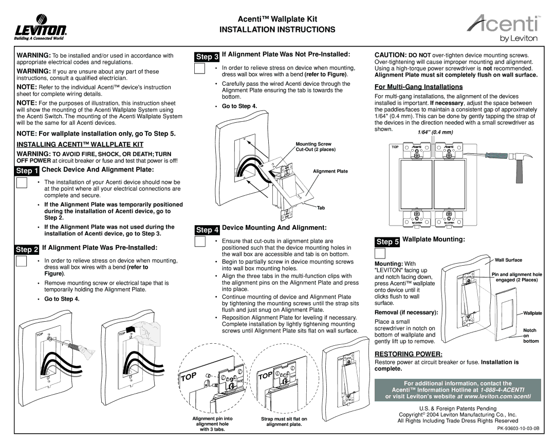 Leviton ACENTI installation instructions Installation Instructions, Restoring Power, Top 