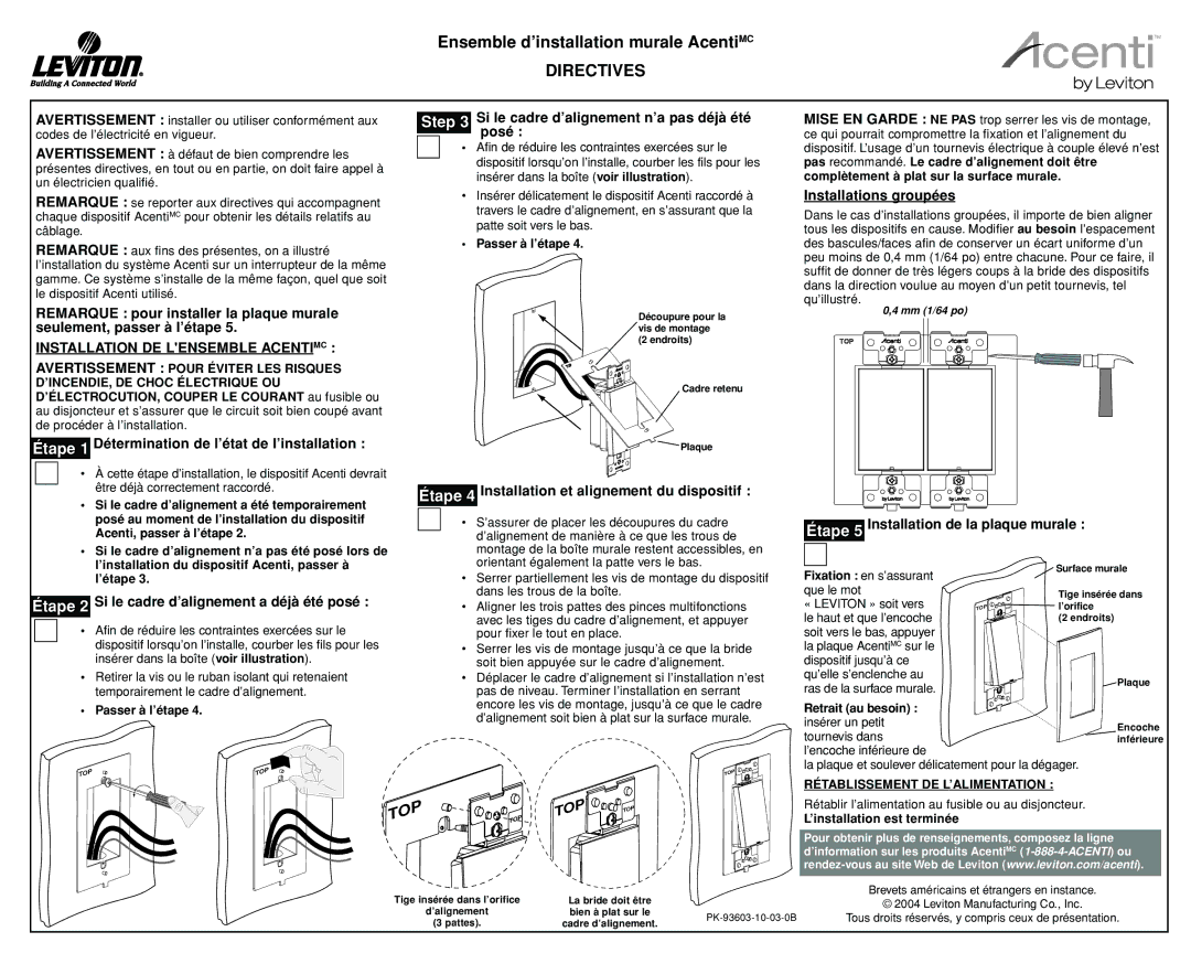 Leviton ACENTI installation instructions Directives, Installation DE Lensemble Acentimc 