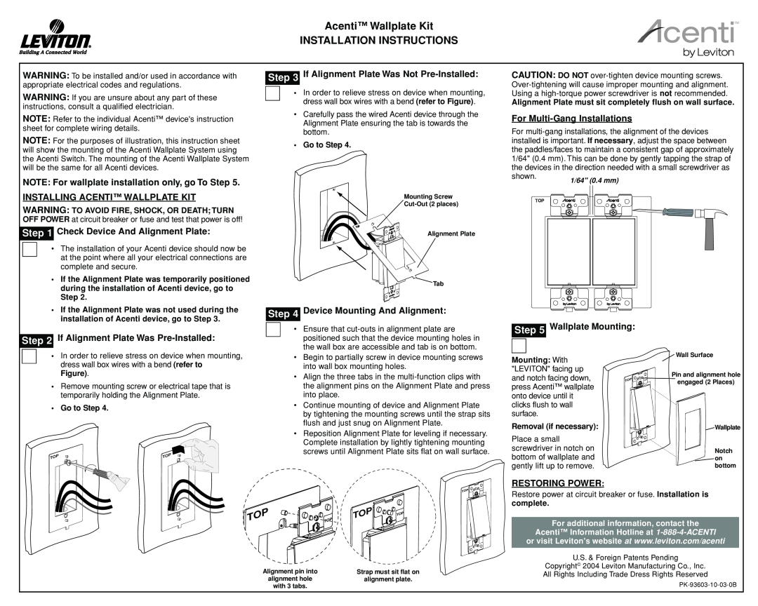 Leviton ACENTI installation instructions Acentiª Wallplate Kit INSTALLATION INSTRUCTIONS, Check Device And Alignment Plate 
