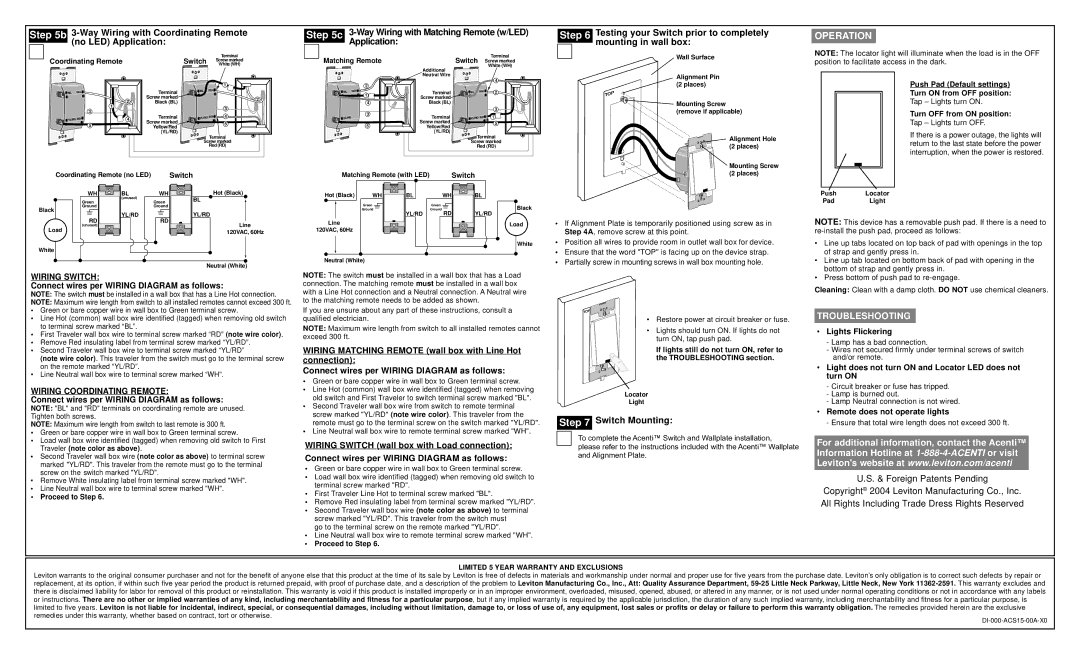 Leviton ACS15-1L Switch Mounting, Lights Flickering, Light does not turn on and Locator LED does not turn on 