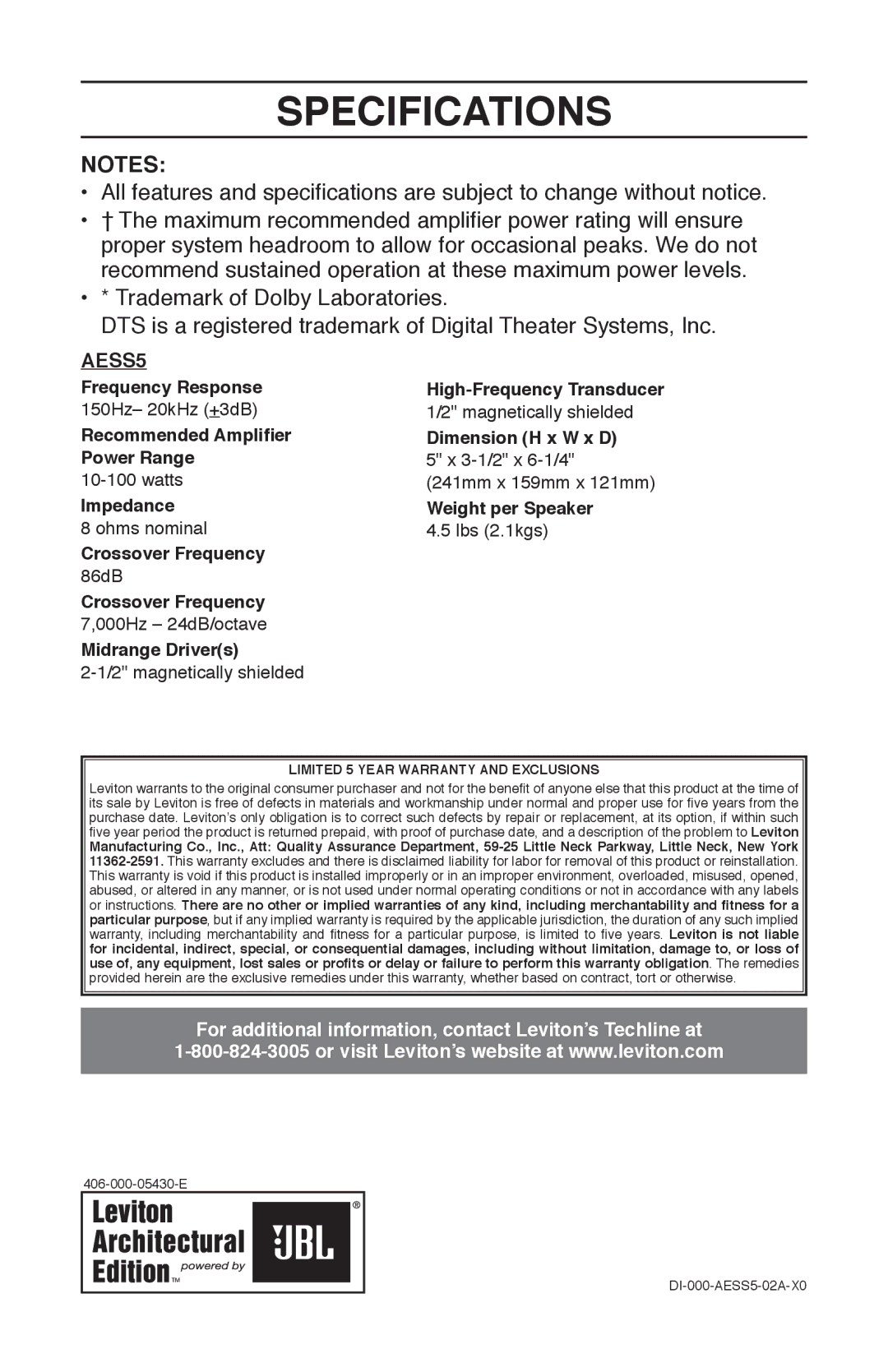 Leviton AESS5 manual Specifications 