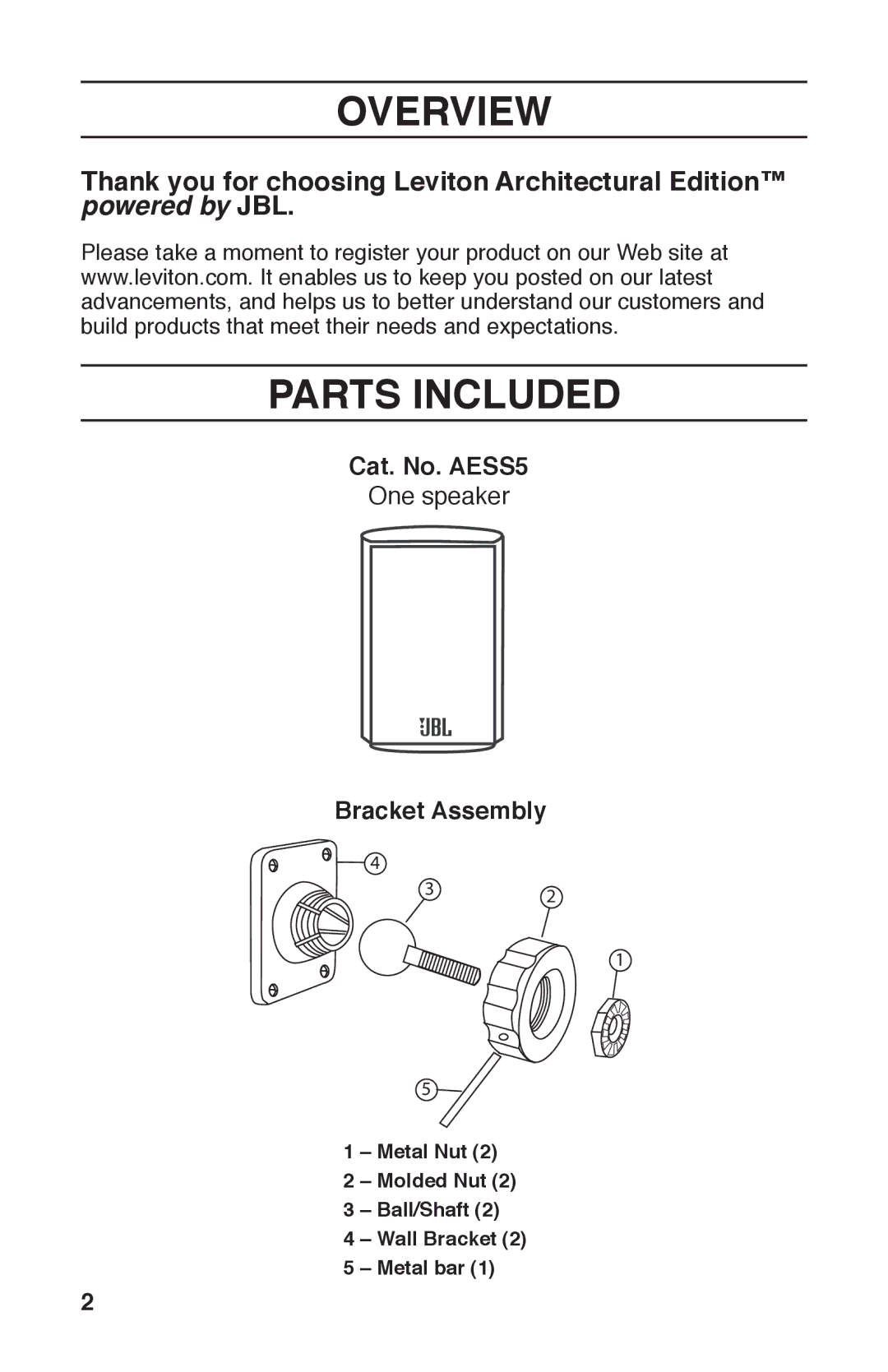 Leviton manual Overview, Parts Included, Cat. No. AESS5, Bracket Assembly 