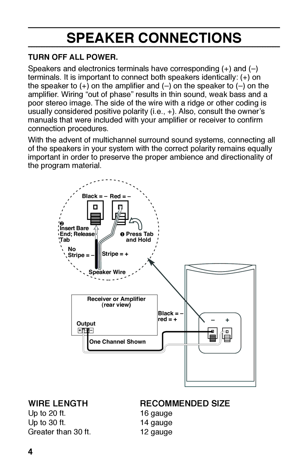 Leviton AESS5 manual Speaker Connections, Turn OFF ALL Power 