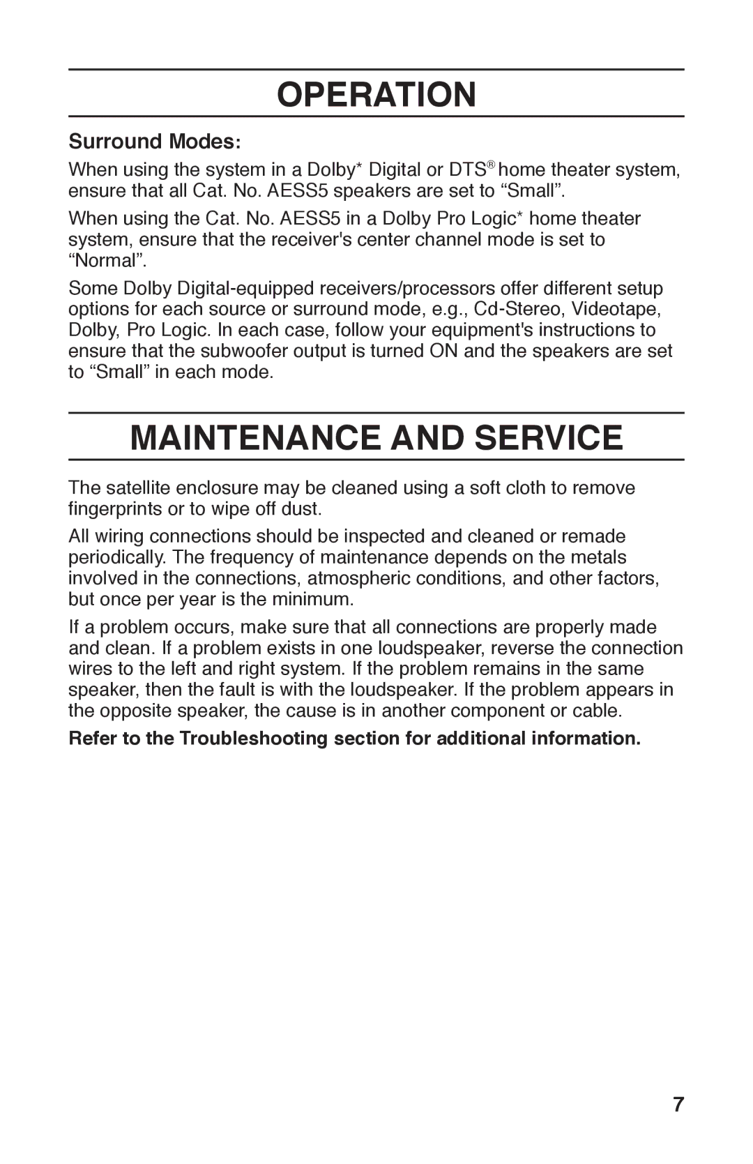 Leviton AESS5 manual Operation, Maintenance and Service, Surround Modes 