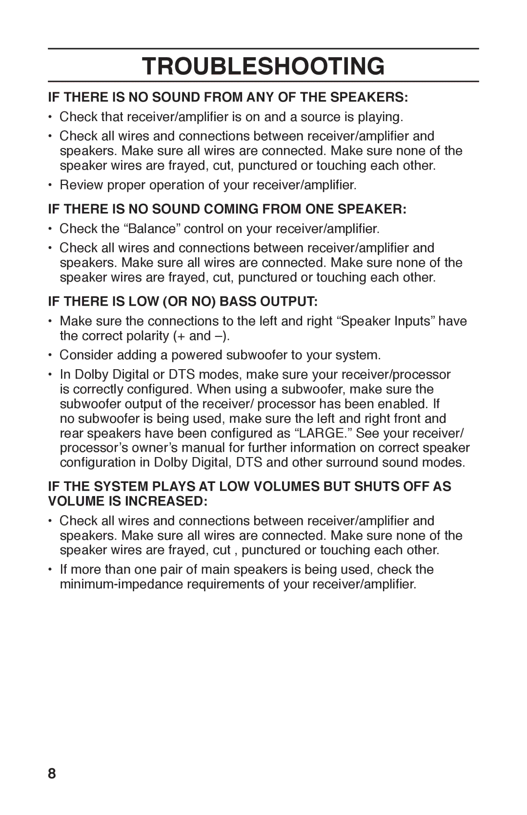 Leviton AESS5 manual Troubleshooting, If There is no Sound from ANY of the Speakers 