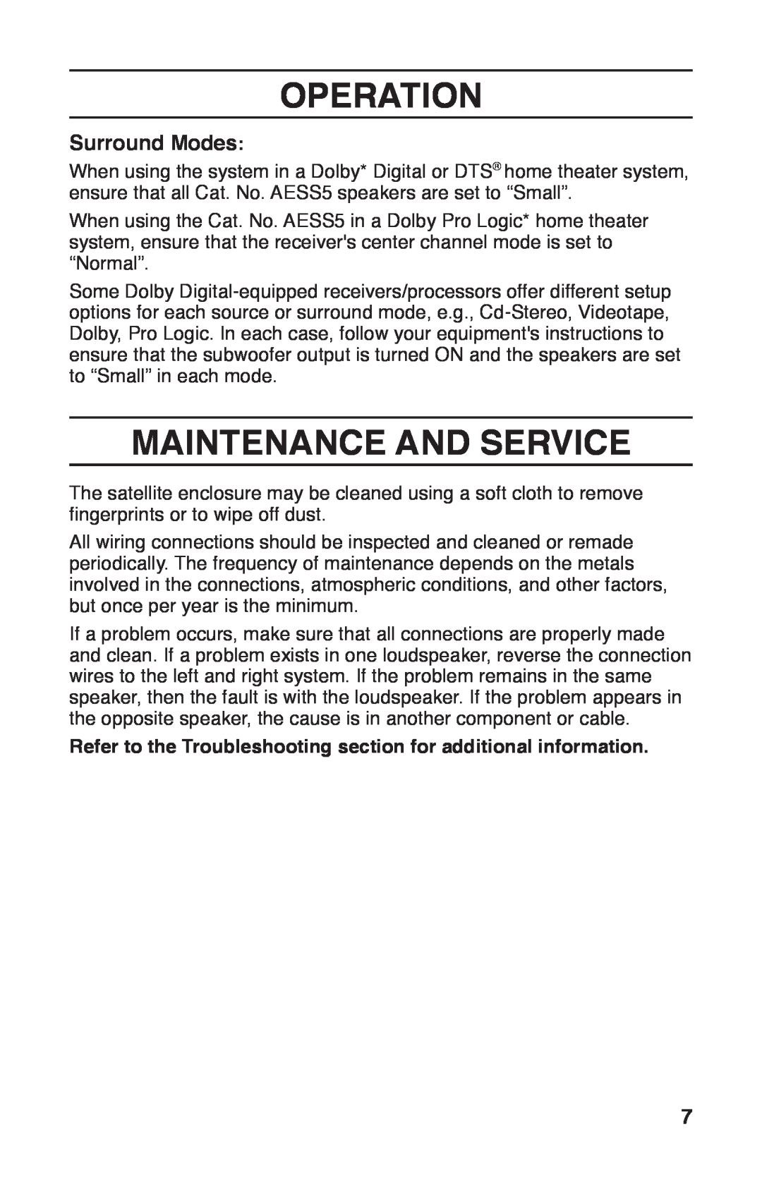 Leviton AESS5 manual Operation, Maintenance And Service, Surround Modes 