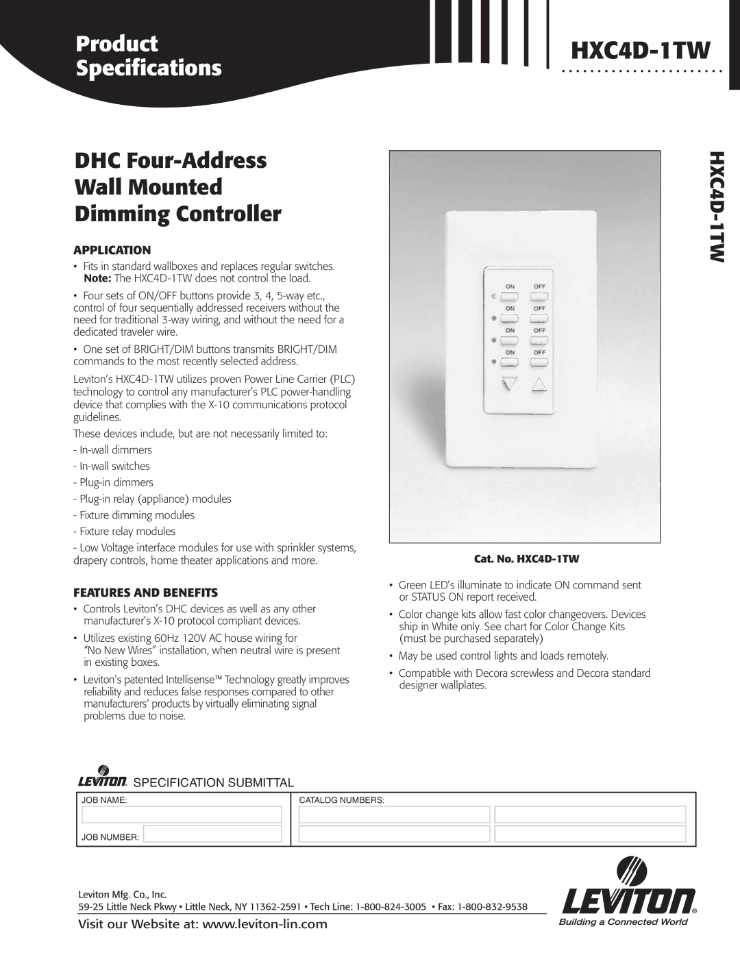 Leviton HXC4D-1TW specifications DHC Four-Address Wall Mounted Dimming Controller, Application, Features and Benefits 