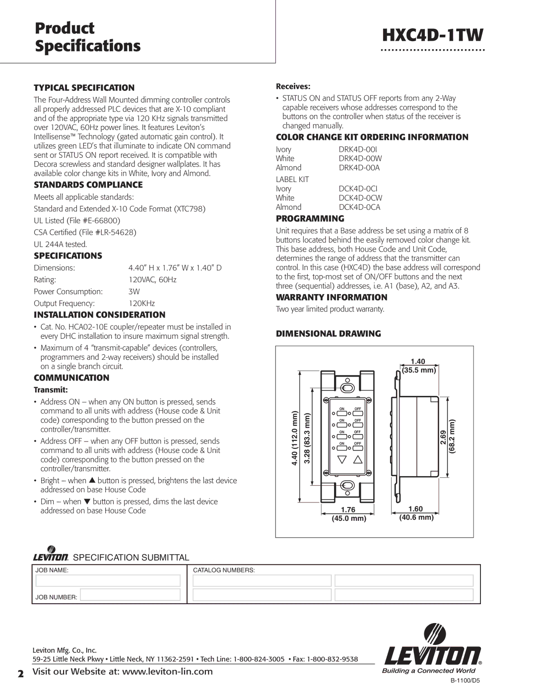 Leviton HXC4D-1TW specifications Product Specifications 