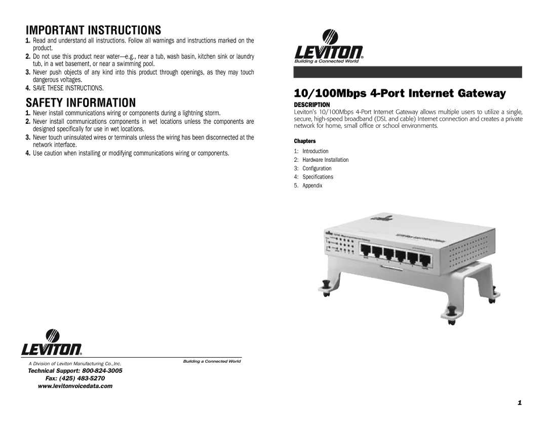 Leviton Internet Gateway specifications Description, Chapters 