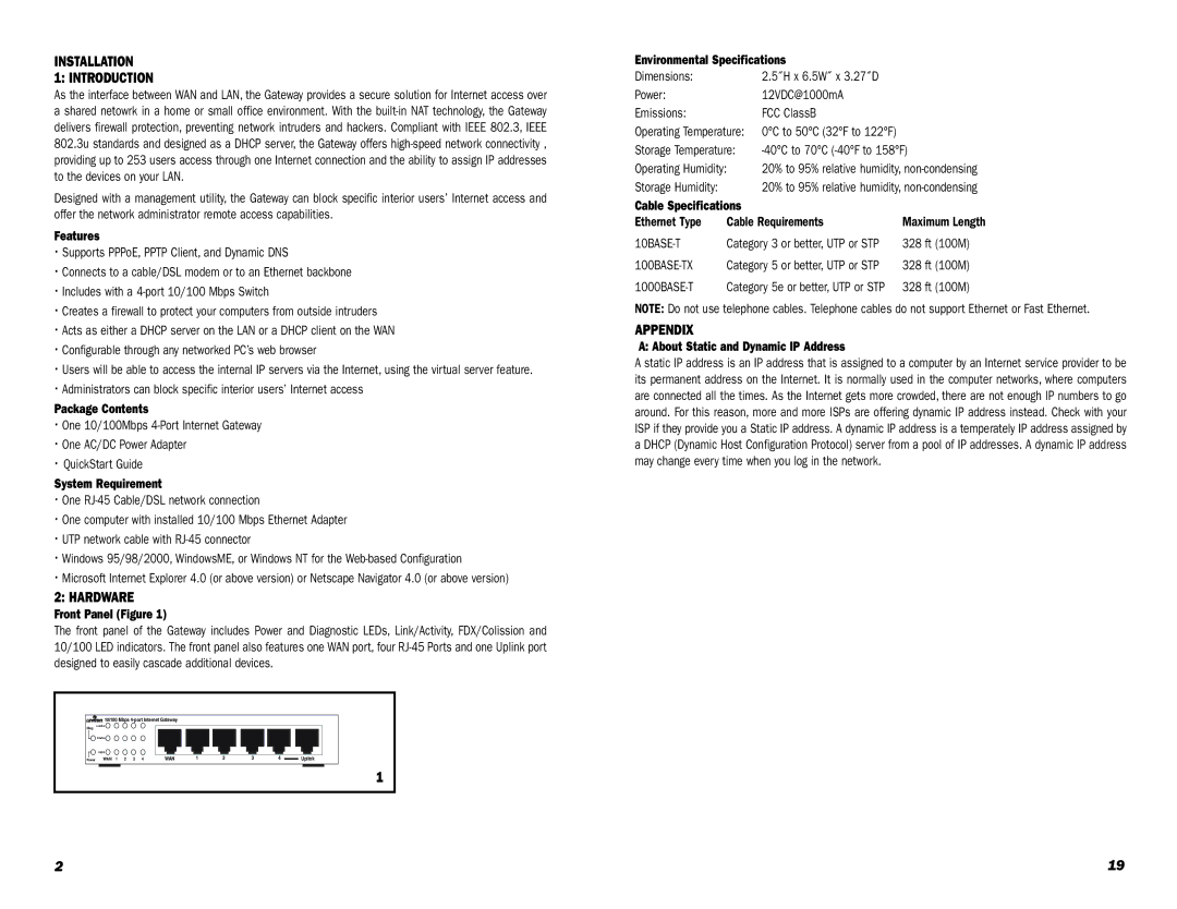 Leviton Internet Gateway specifications Installation Introduction, Hardware, Appendix 