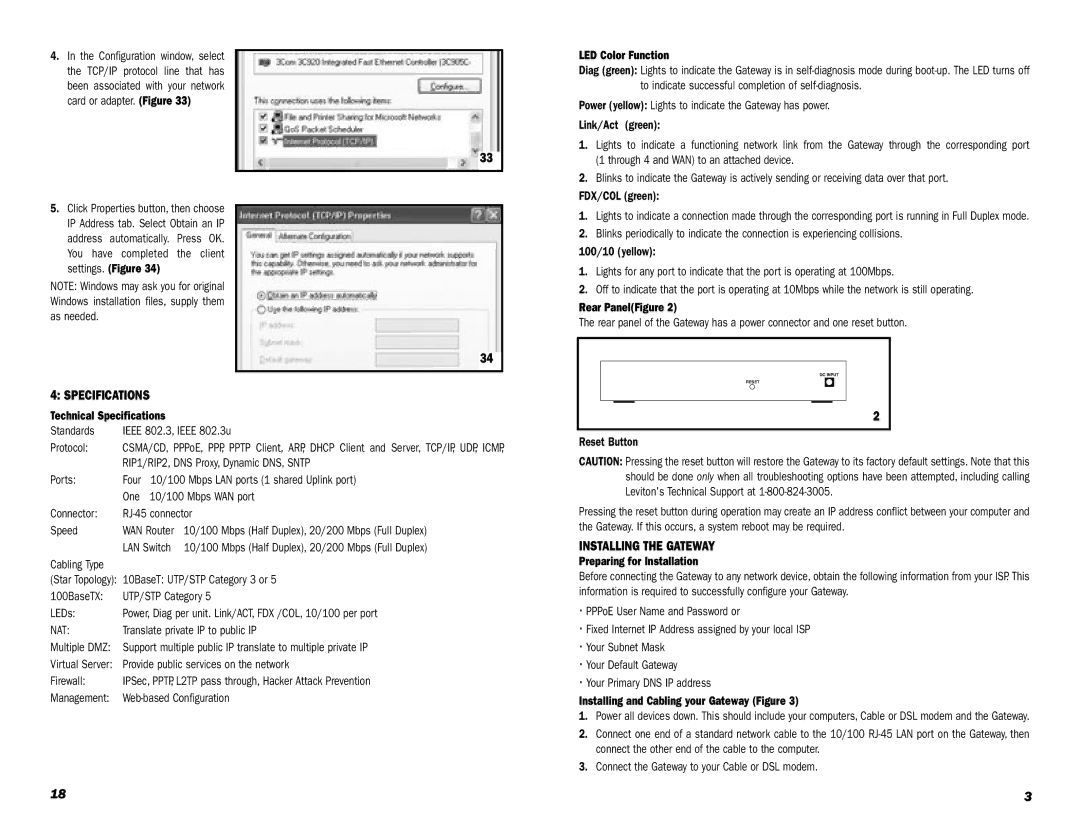 Leviton Internet Gateway specifications Specifications, Installing the Gateway 