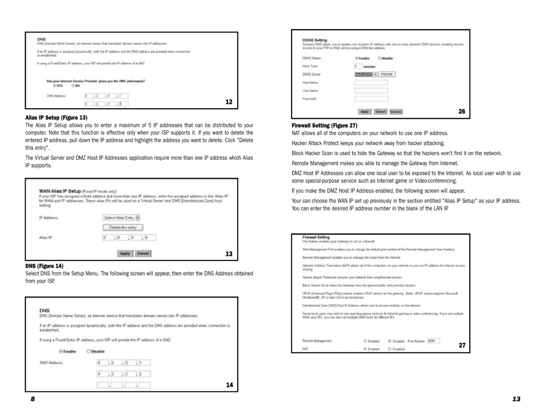 Leviton Internet Gateway specifications Alias IP Setup Figure, DNS Figure, Firewall Setting Figure 