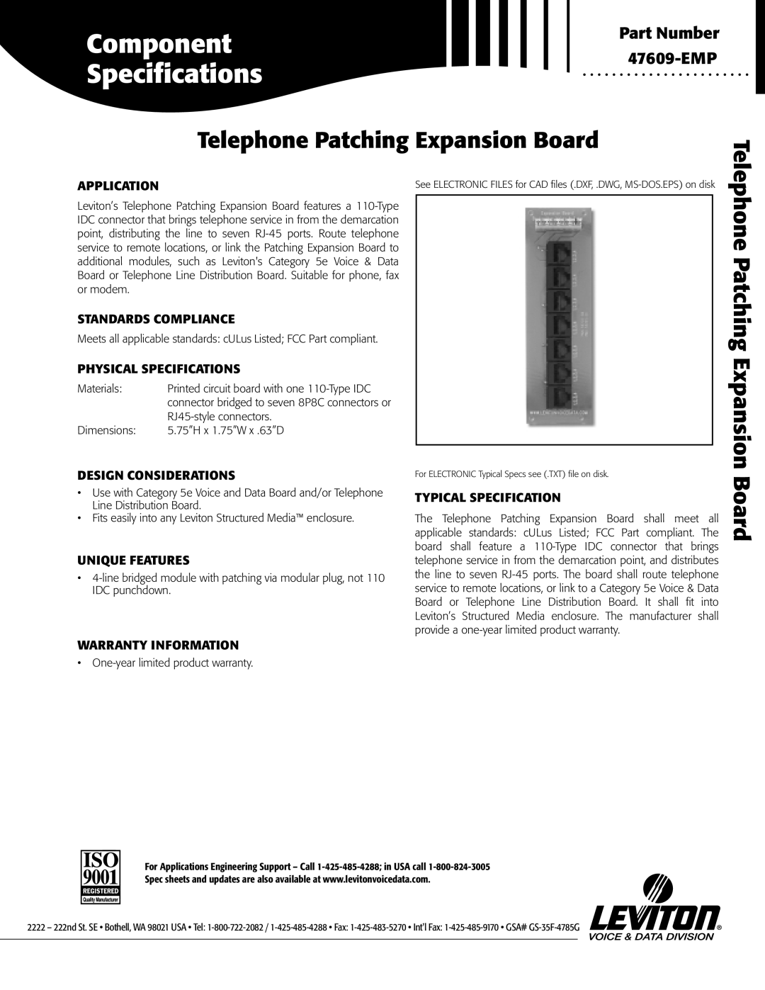 Leviton LE-47609EMP warranty Application, Standards Compliance, Physical Specifications, Design Considerations 