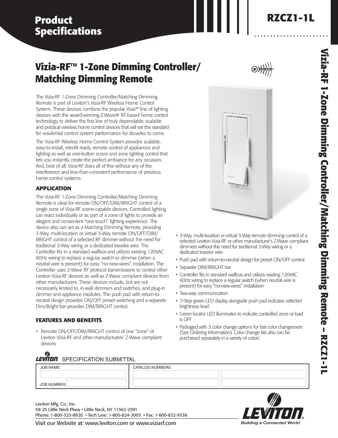 Leviton LE-RZCZ specifications Application, Features and Benefits 