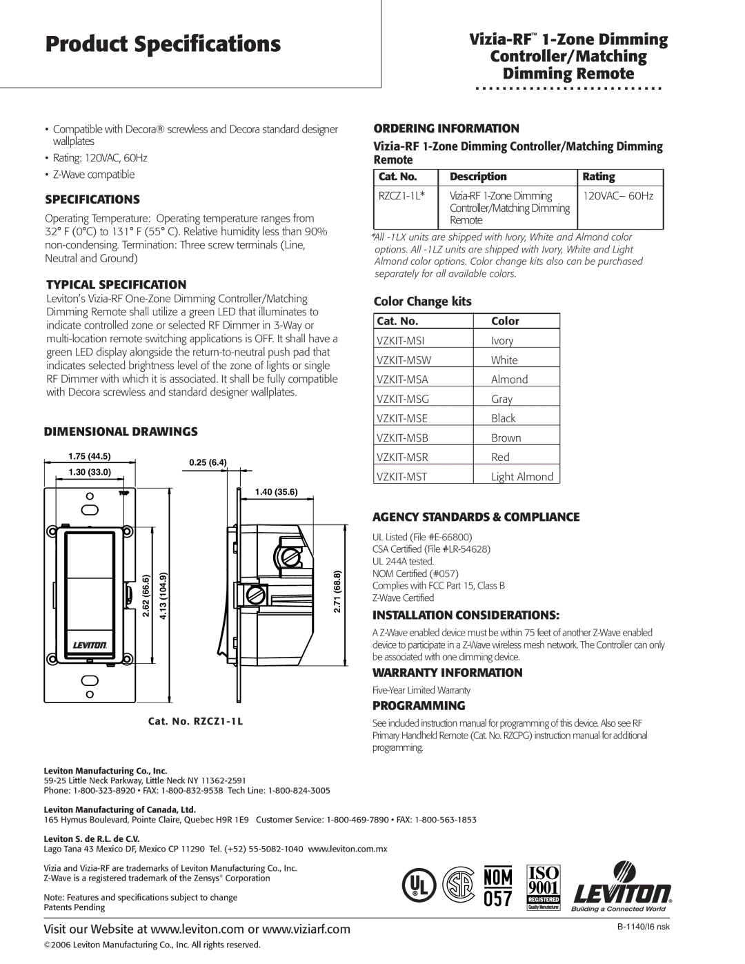 Leviton LE-RZCZ Specifications, Typical Specification Ordering Information, Dimensional Drawings, Warranty Information 