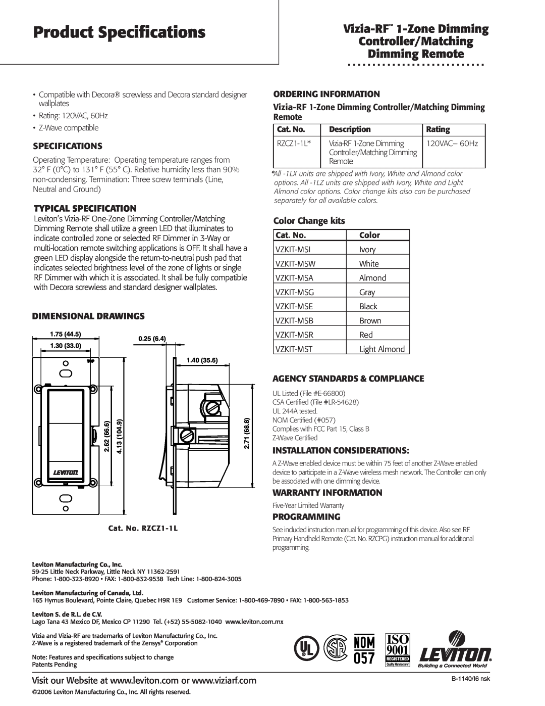 Leviton LE-RZCZ Product Specifications, Typical Specification, Ordering Information, Dimensional Drawings, Programming 