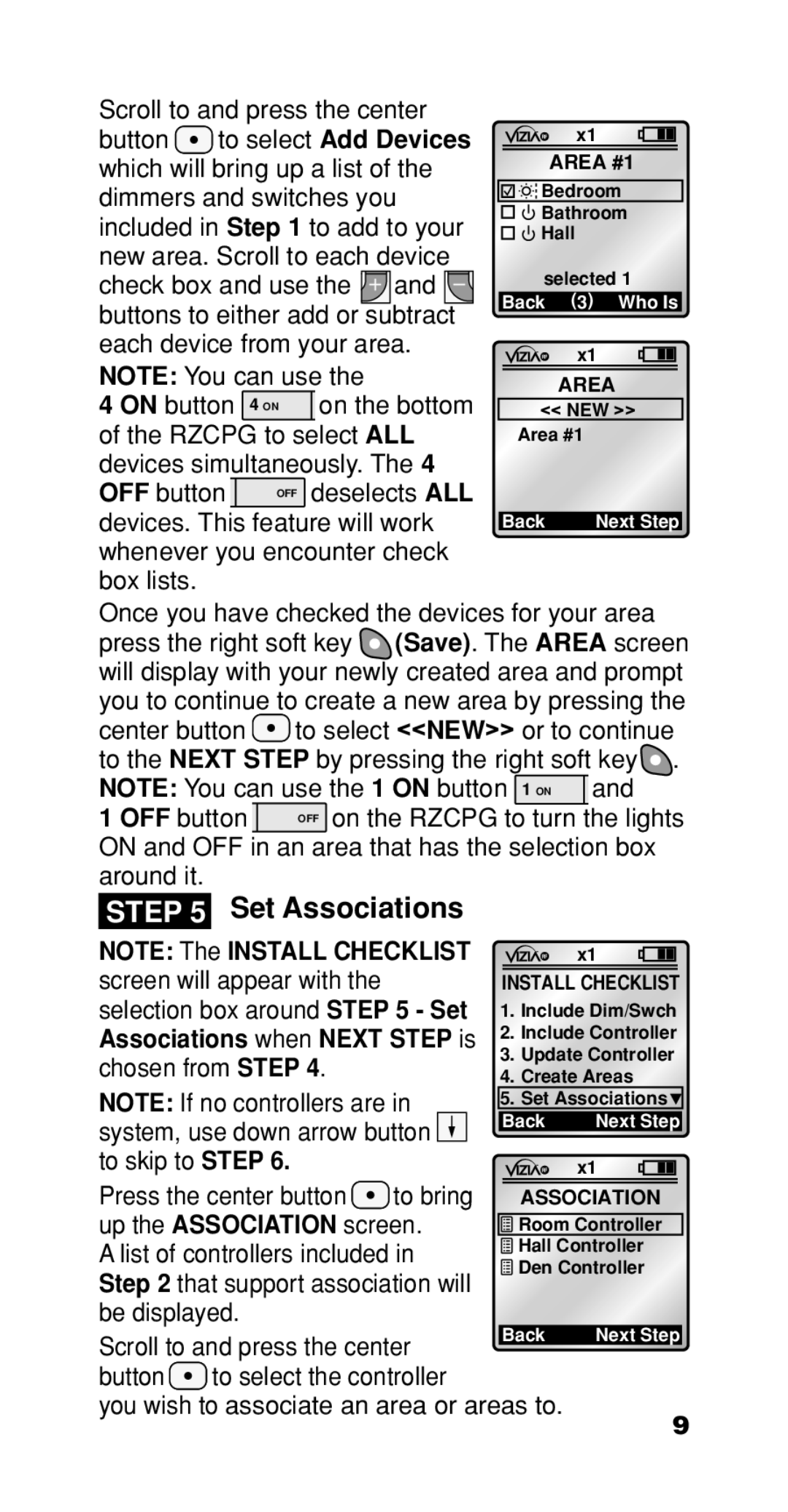 Leviton Programmer/Remote manual Set Associations, OFF button, Associations when Next Step is 