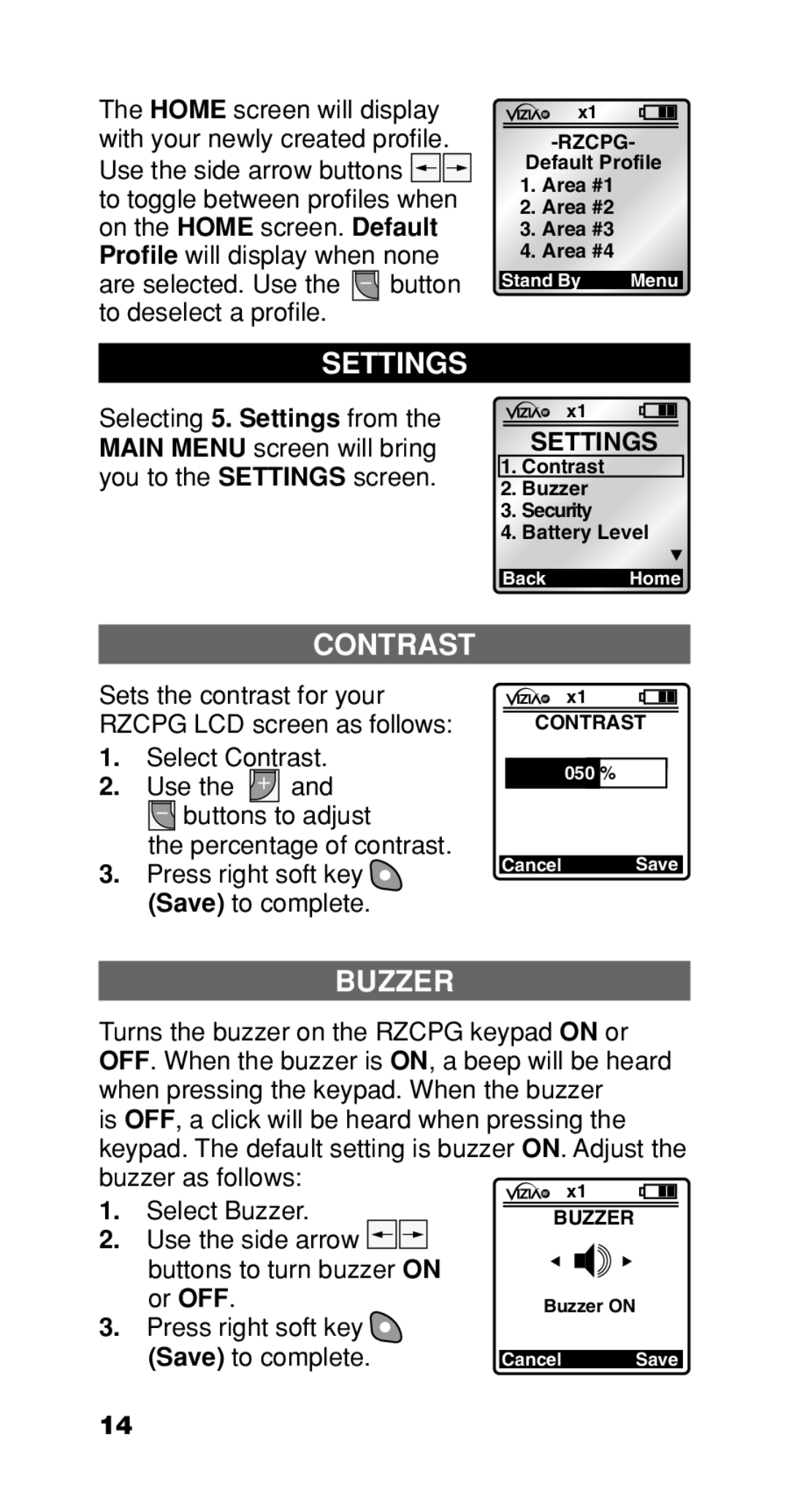 Leviton Programmer/Remote manual Settings, Contrast, Buzzer 