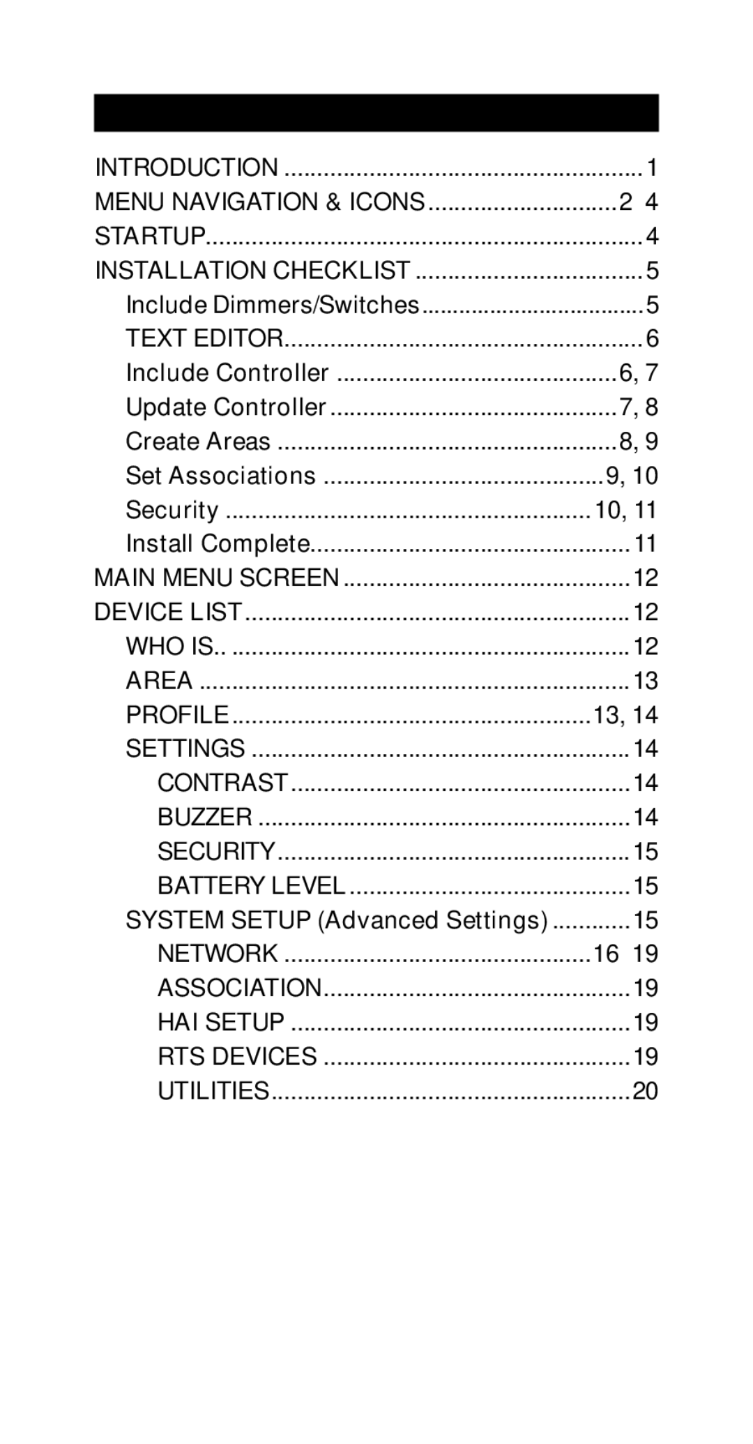 Leviton Programmer/Remote manual Table of Contents 