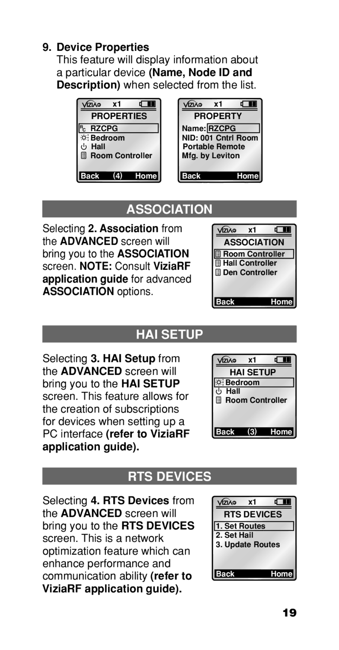 Leviton Programmer/Remote manual Association, HAI Setup, RTS Devices, Device Properties, ViziaRF application guide 