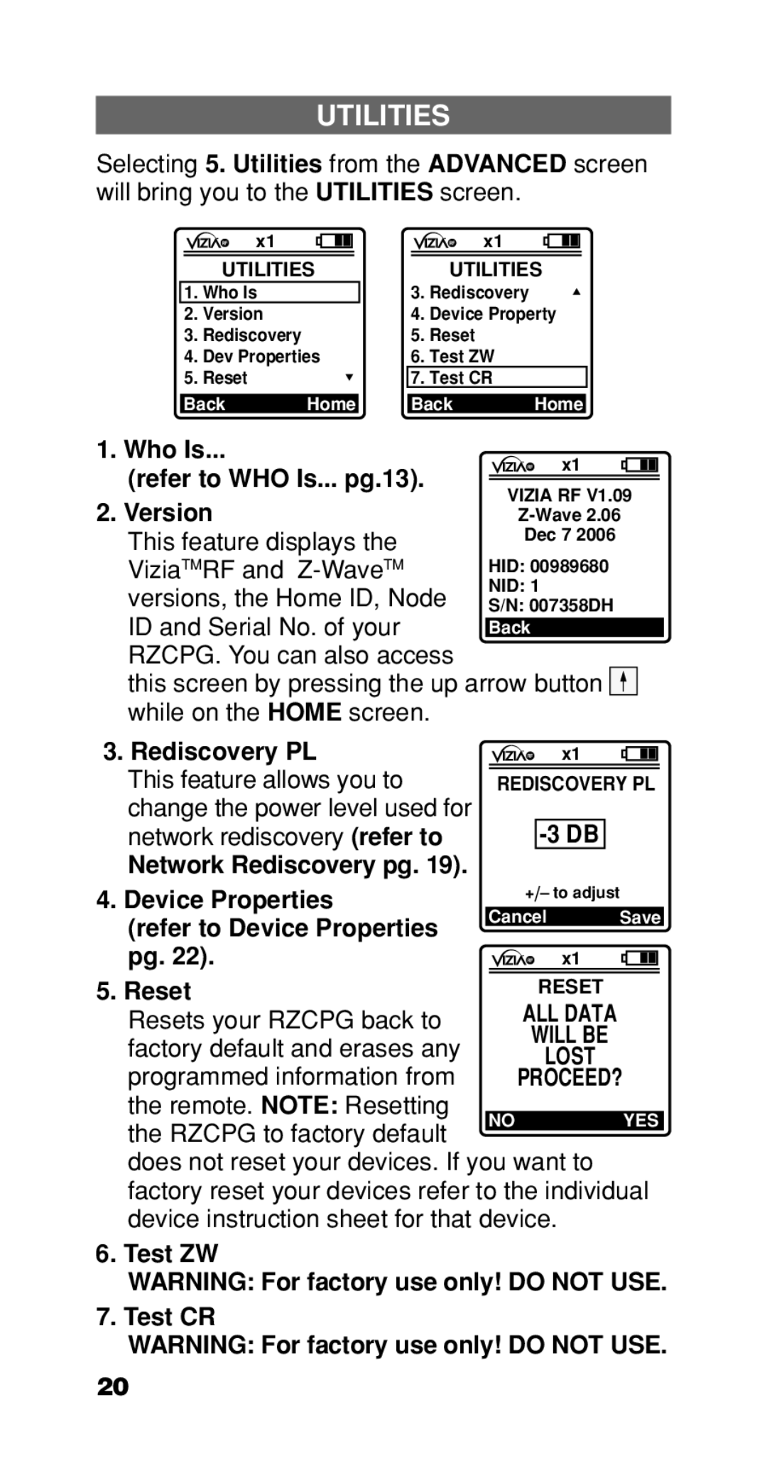 Leviton Programmer/Remote manual Utilities, Who Is Refer to WHO Is... pg.13 Version, Rediscovery PL, Reset, Test ZW Test CR 