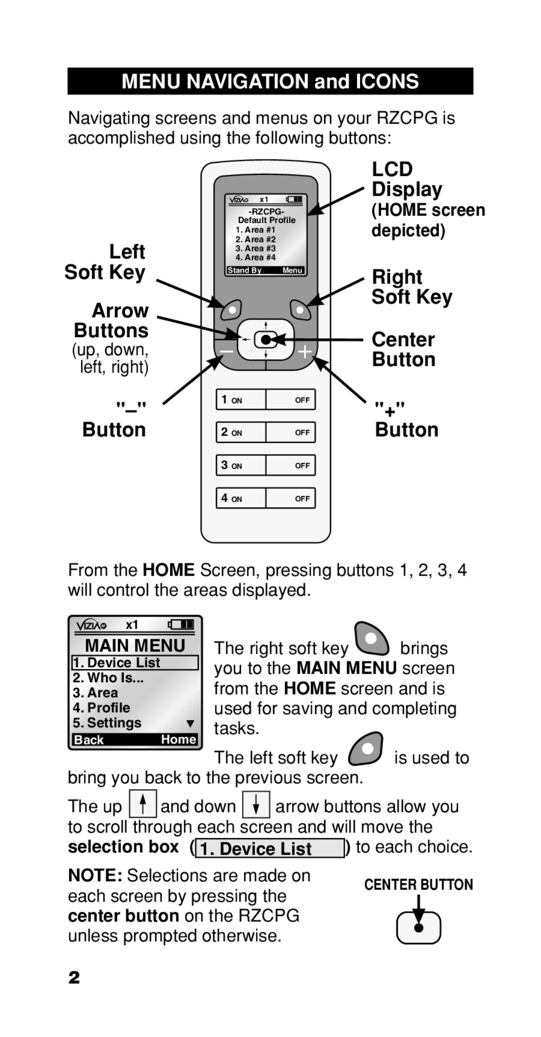 Leviton Programmer/Remote manual Left, Arrow Buttons, Display, Right Soft Key Center Button + Button 