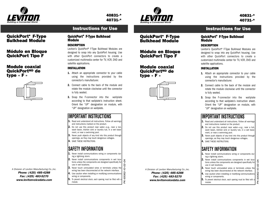 Leviton QuickPort instruction sheet Instructions for Use, Important Instructions, Safety Information 