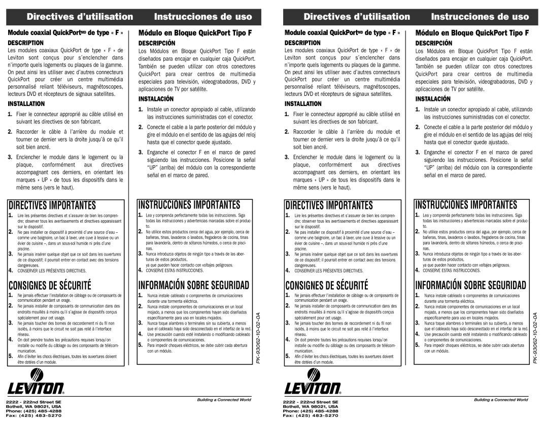 Leviton QuickPort Directives d’utilisation Instrucciones de uso, Directives Importantes, Consignes DE Sécurité 