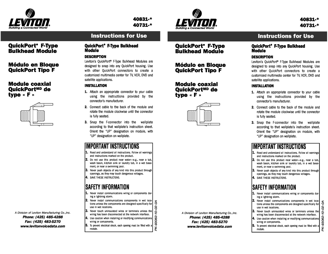 Leviton QuickPort instruction sheet Instructions for Use, Important Instructions, Safety Information, Description, 40831 