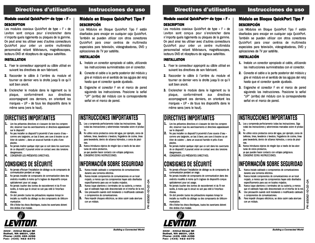 Leviton QuickPort Directives d’utilisation, Instrucciones de uso, Directives Importantes, Consignes De Sécurité 