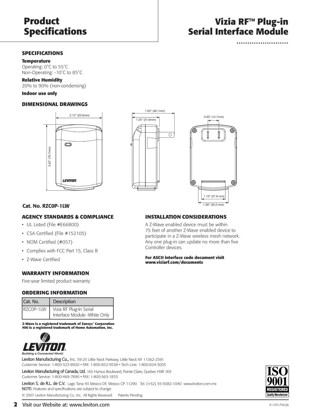 Leviton RZC0P-1LW specifications Product Specifications 