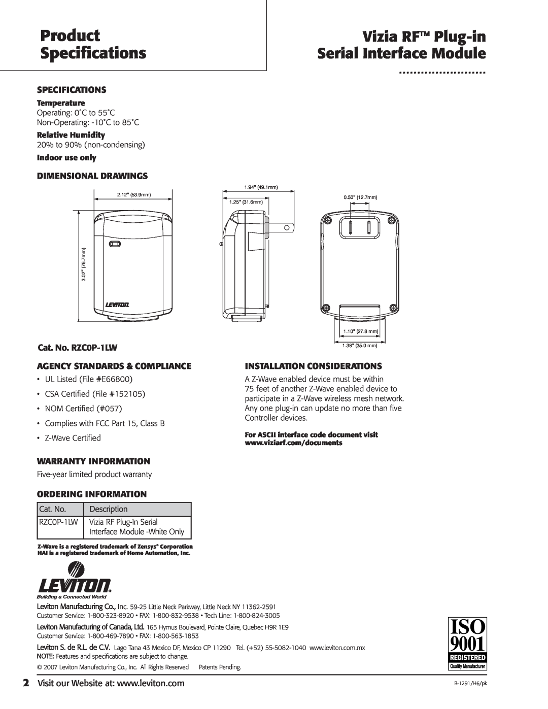 Leviton RZC0P-1LW Product Specifications, Dimensional Drawings, Agency Standards & Compliance, Installation Considerations 