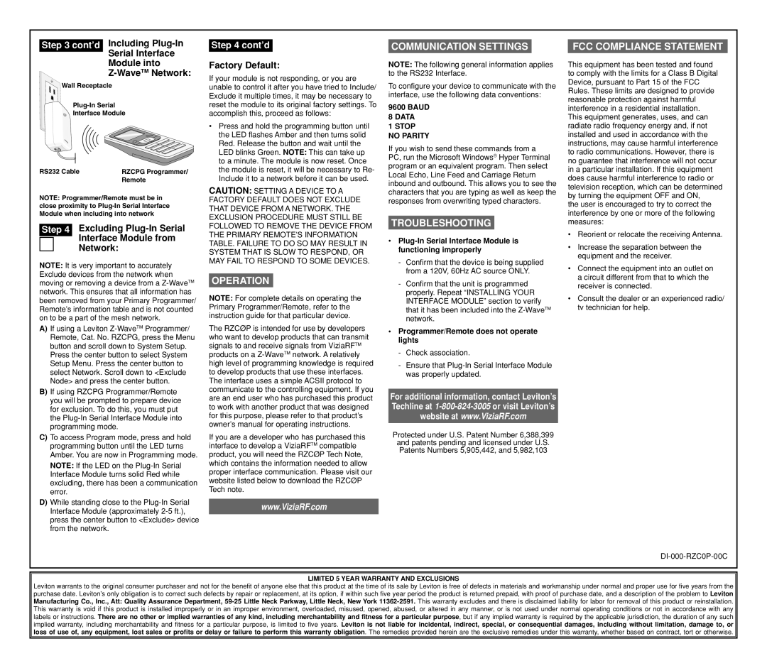 Leviton RZCP installation instructions Operation Communication Settings, Troubleshooting, FCC Compliance Statement 