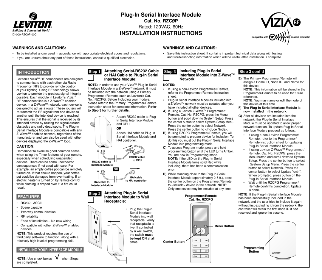Leviton RZCP installation instructions Introduction, Features, Warnings And Cautions, Attaching Serial-RS232 Cable, Step 