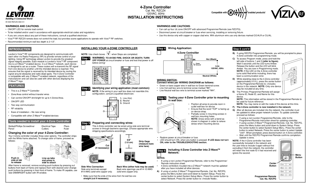 Leviton RZCZ1 installation instructions Introduction, Features 