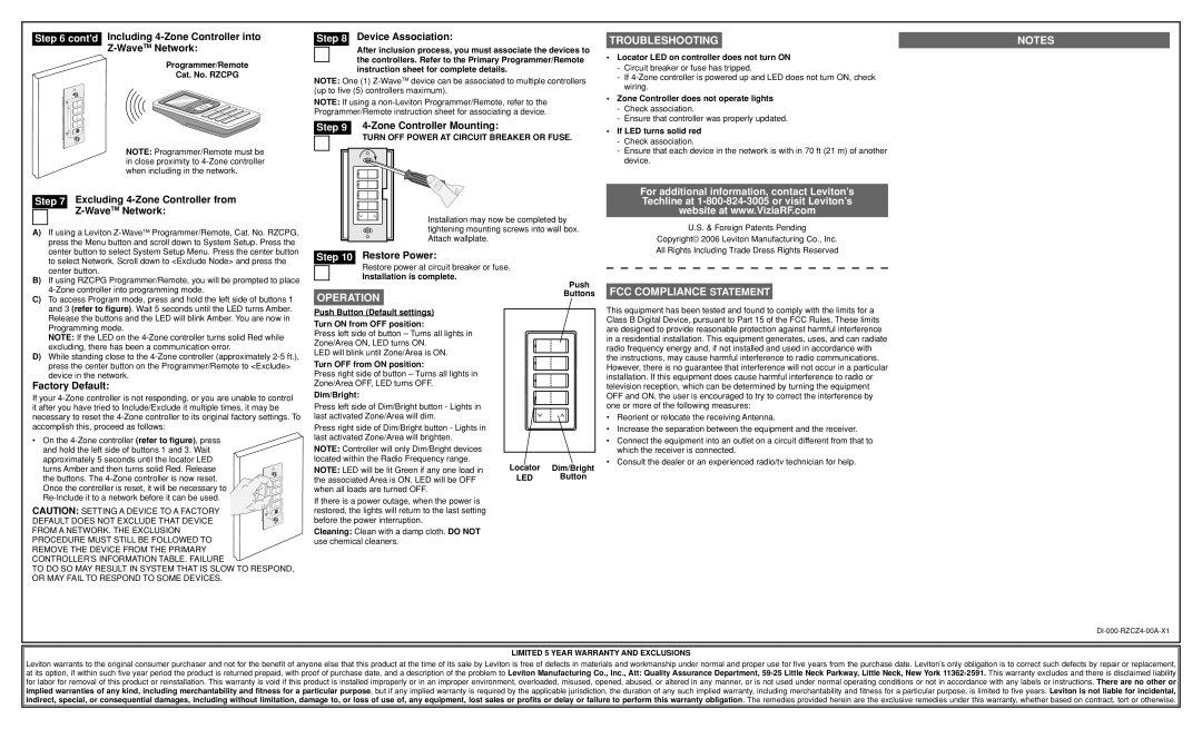 Leviton RZCZ1 installation instructions Troubleshooting, Operation, FCC Compliance Statement 