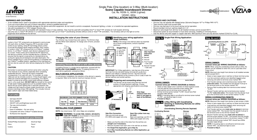 Leviton RZI6-1L installation instructions Most common, Single-Pole, Way, Connect wires per Wiring Diagram as follows 