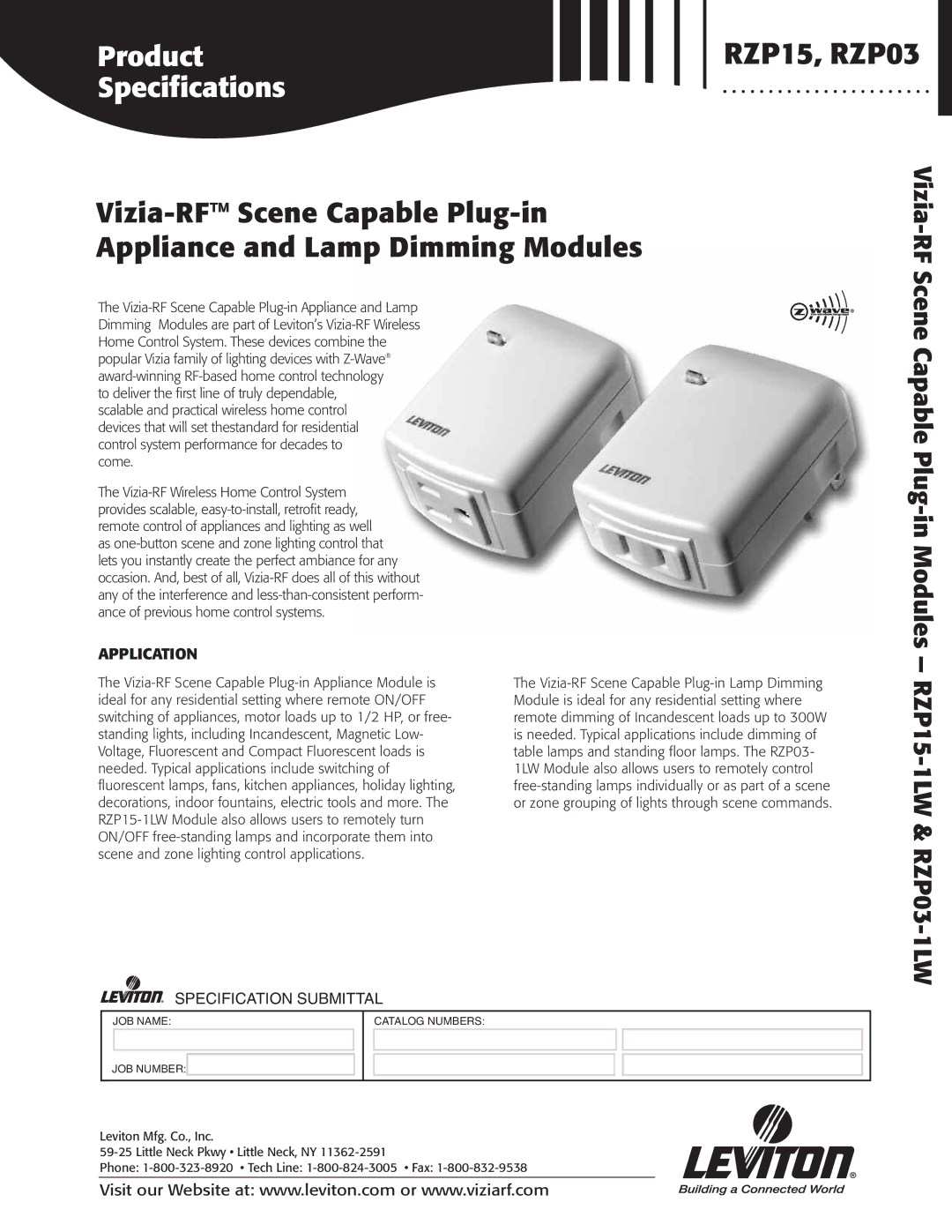 Leviton RZP03-1LW, RZP15-1LW specifications RZP15, RZP03, Application 