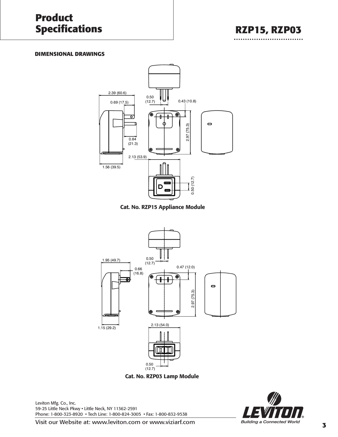 Leviton RZP03-1LW, RZP15-1LW Dimensional Drawings, Cat. No. RZP15 Appliance Module, Cat. No. RZP03 Lamp Module 