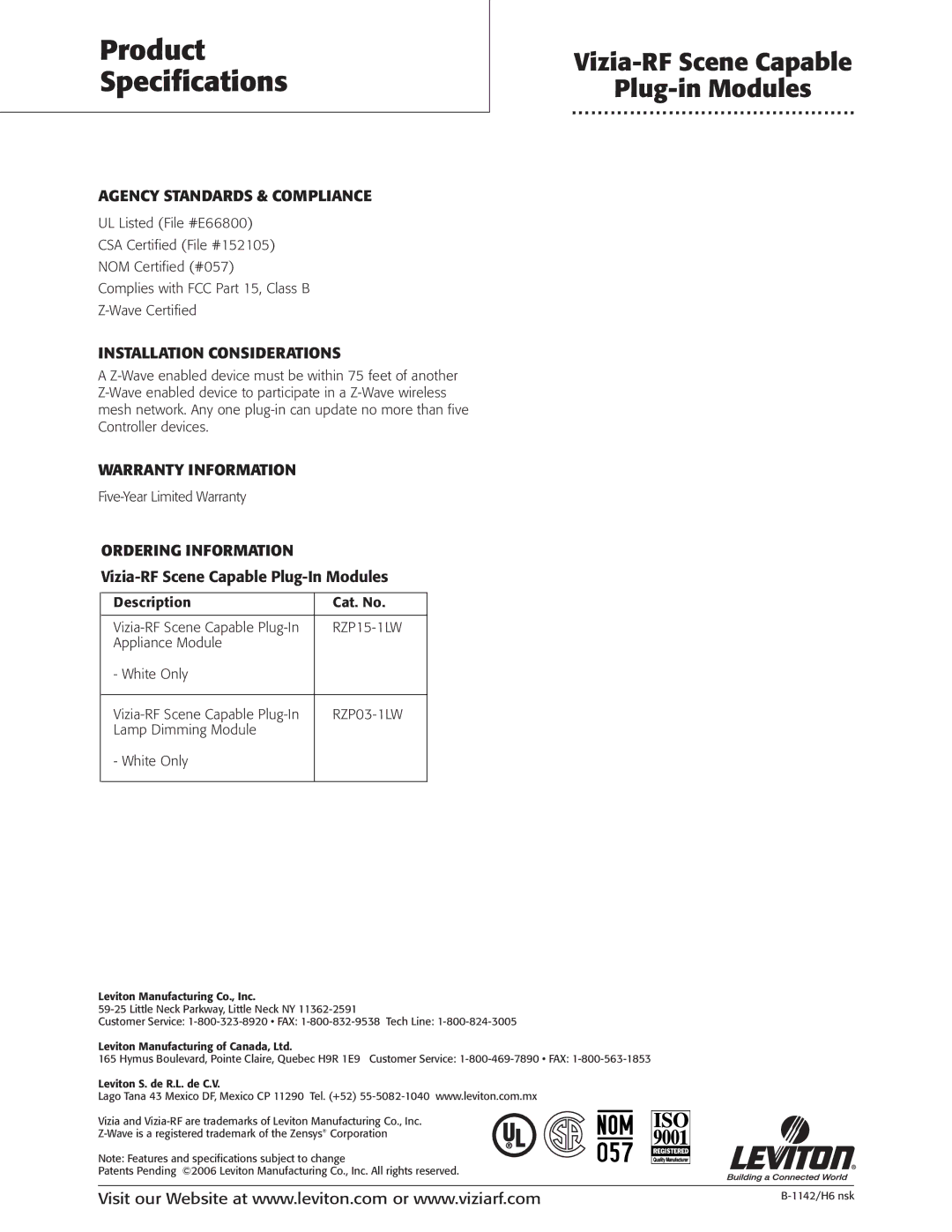 Leviton RZP15-1LW Agency Standards & Compliance, Installation Considerations, Warranty Information, Ordering Information 