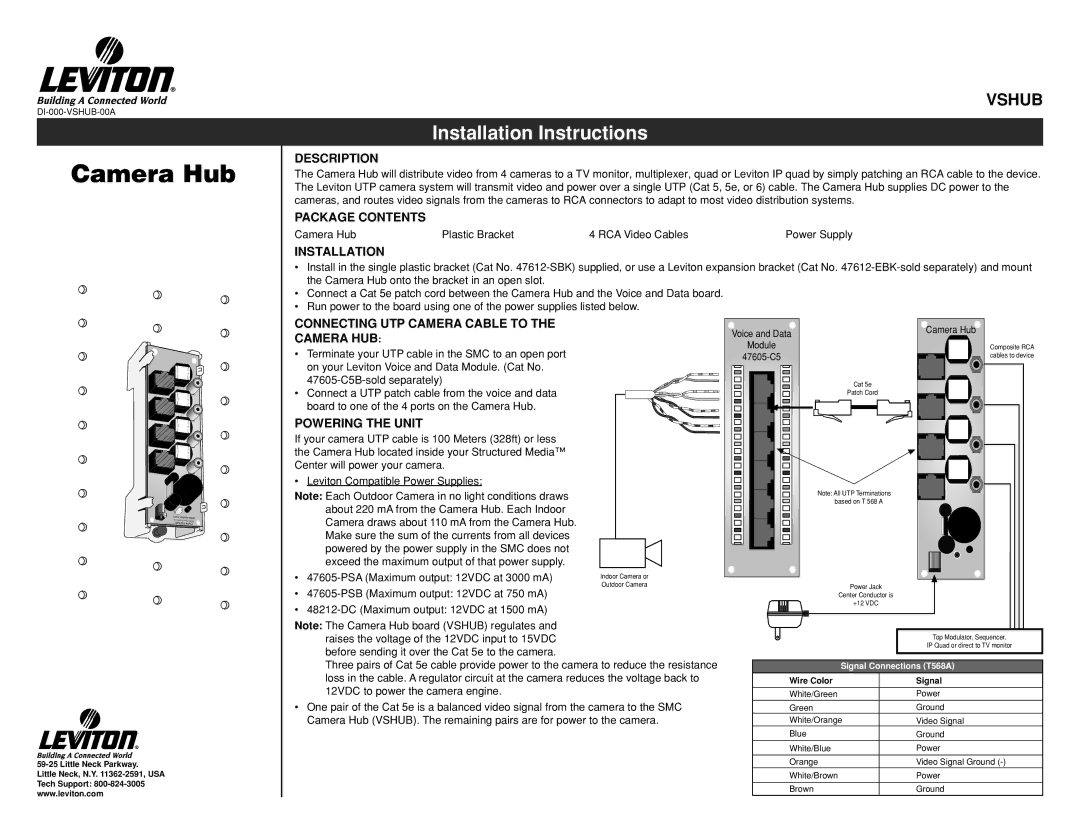 Leviton VSHUB installation instructions Description, Package Contents, Installation, Powering the Unit 